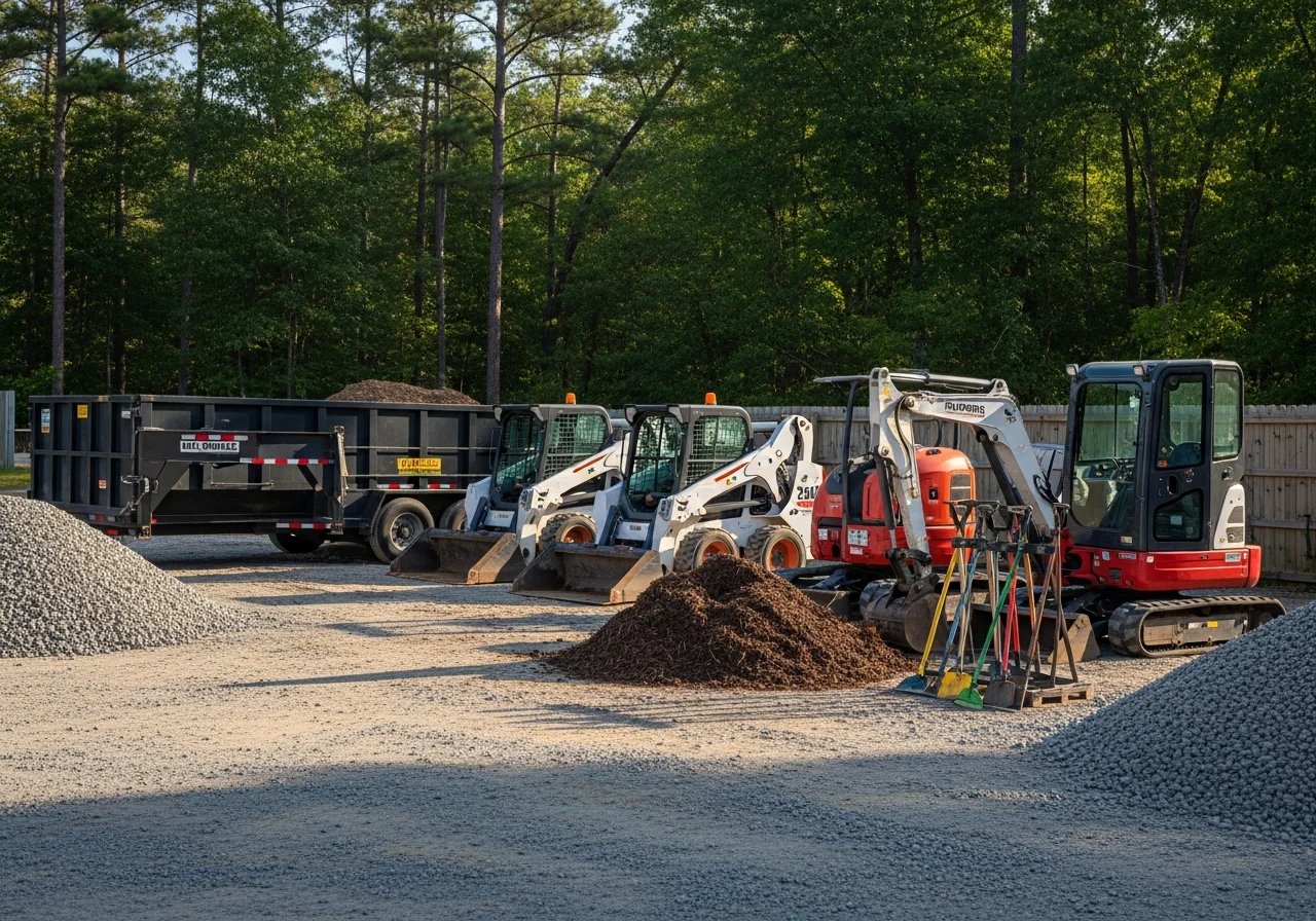Dumpster trailer and hauling equipment ready for service in a yard or staging area.
