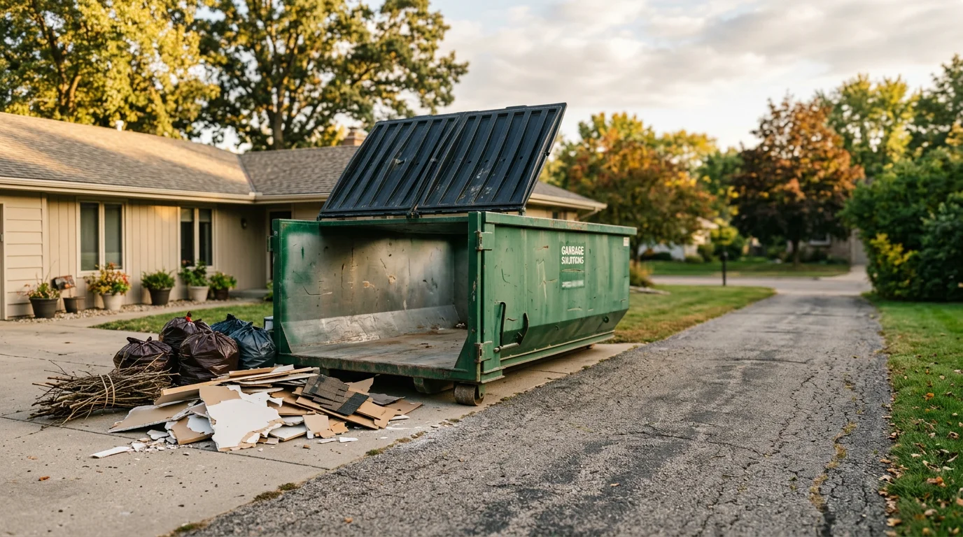 Large dumpster rental container positioned on residential driveway