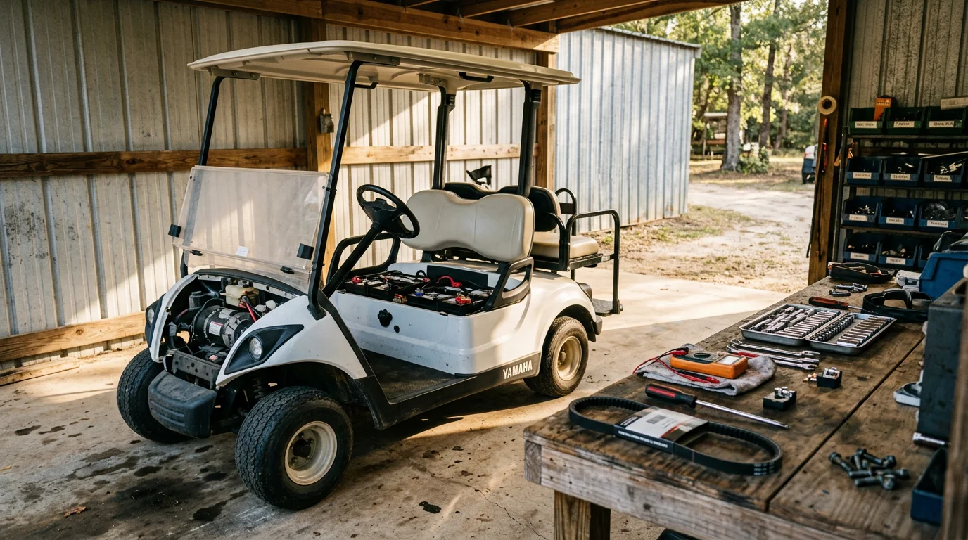 Technician repairing a golf cart engine in service bay