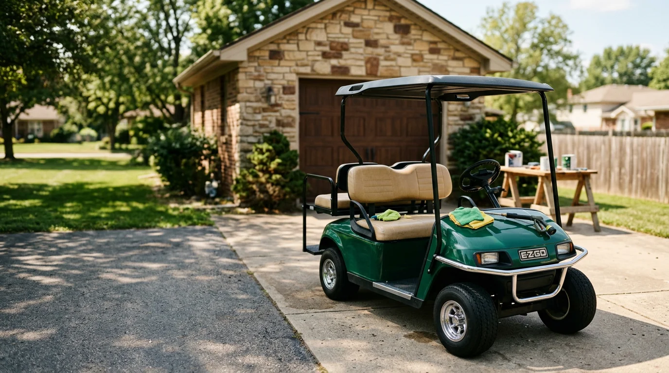 Used golf carts displayed on outdoor lot ready for sale