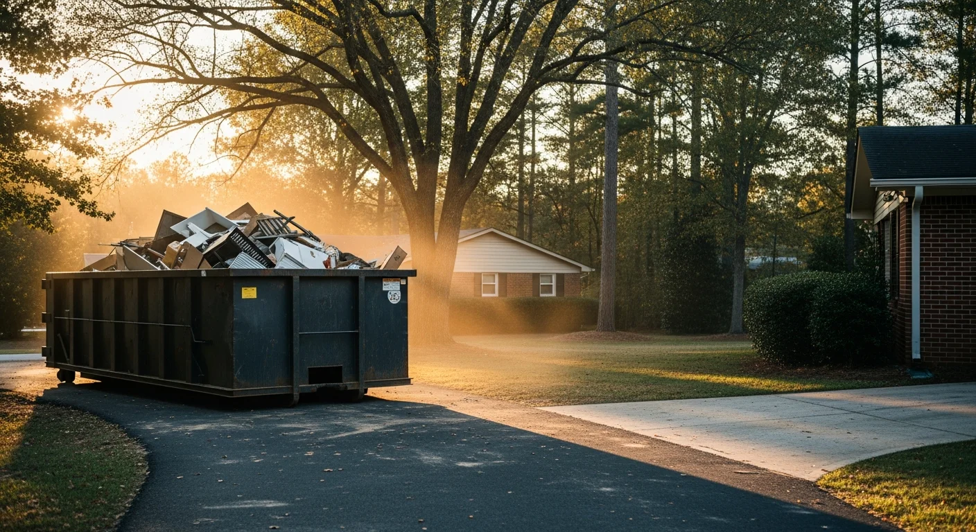 Dumpster trailer parked in residential driveway for debris removal