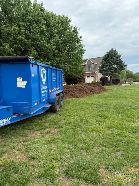 Blue dumpster trailer loaded with mulch and debris on residential lawn with trees