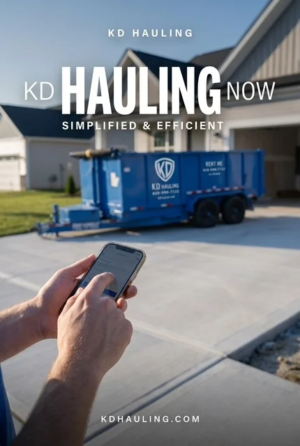Blue junk removal trailer in residential driveway with customer using smartphone