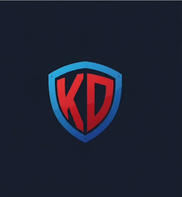 Blue shield logo with red KD lettering on dark background