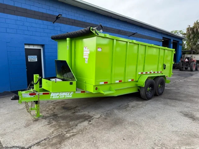 Lime green dual-axle dump trailer with hydraulic lift gate and steel construction