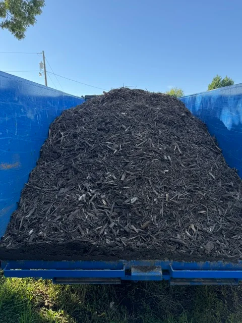 Full dump trailer loaded with shredded black mulch and wood chips