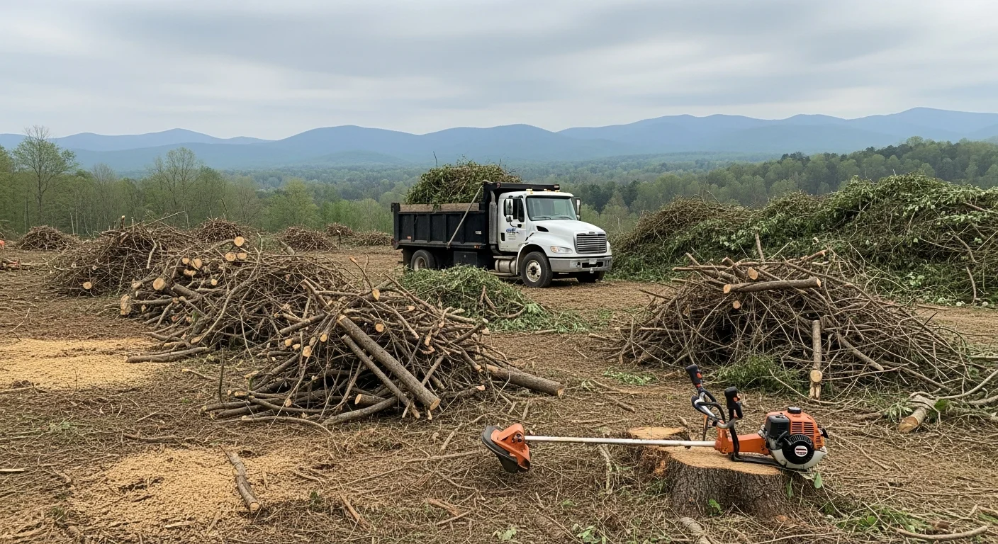A cleared residential lot in Morganton, NC with cut brush and vegetation removed, exposing bare ground ready for construction. A pile of hauled brush sits at the edge of the property near a wooded tree line.