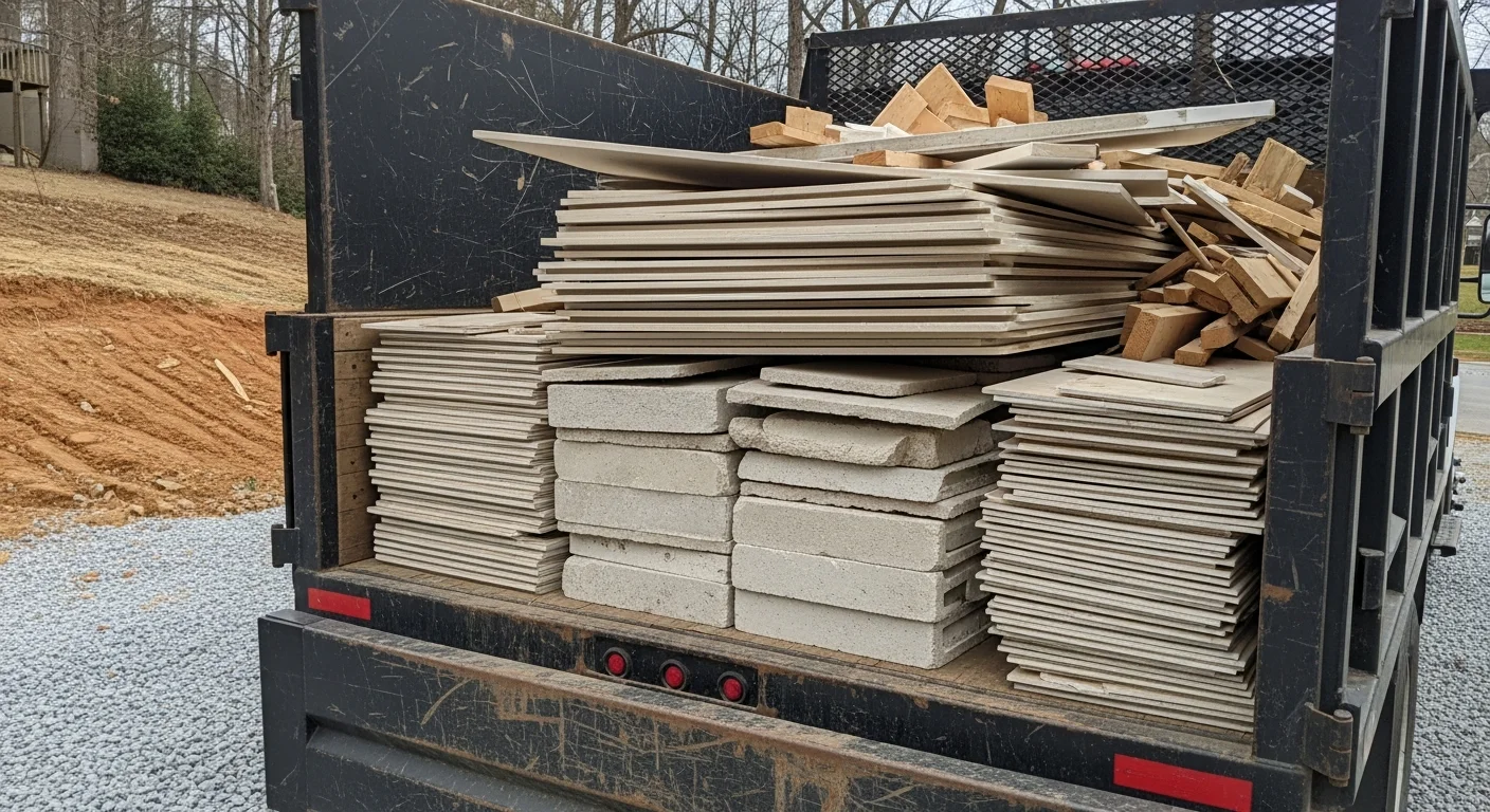 A cleared residential job site in Morganton, NC with a loaded haul truck parked in the driveway after construction debris removal. Stacked wood scraps, drywall pieces, and tile waste are visible in the truck bed, with the home's exterior visible in the background.