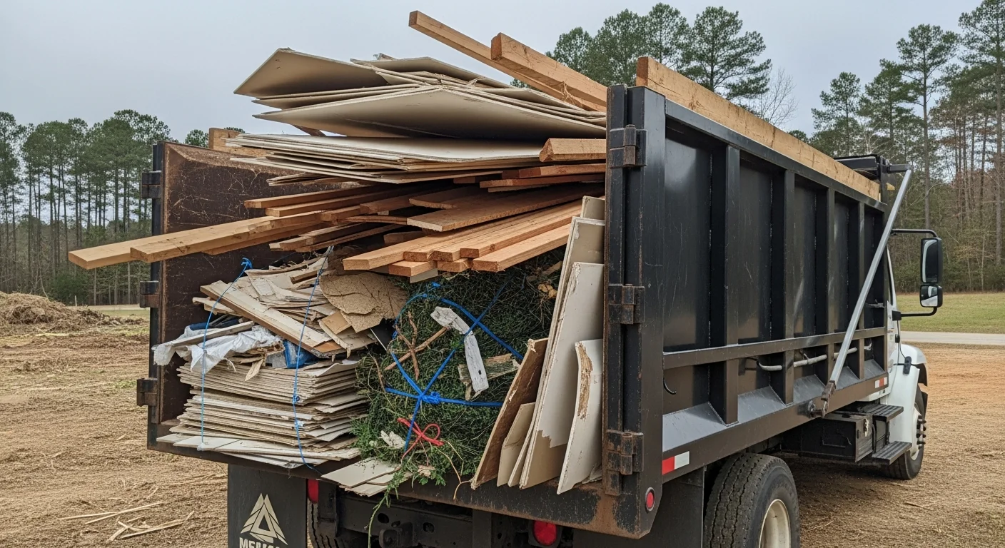 A cleared residential property in Morganton, NC after debris removal, with an empty yard and no remaining construction scraps or yard waste. A Kehl Dents LLC truck is visible in the driveway after completing the haul.