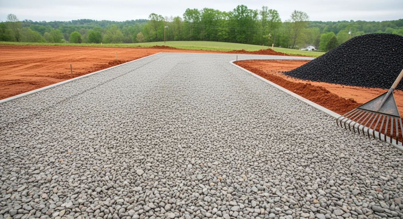 A freshly graveled residential driveway in Morganton, NC with a crowned surface and clean gravel edges running toward a rural property. The driveway shows proper drainage shaping along both sides with no visible ruts or pooling.