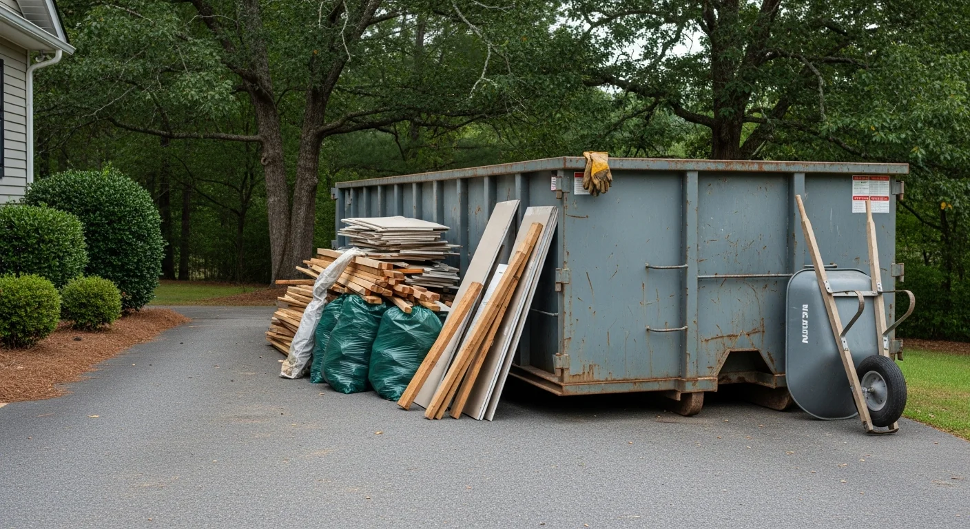 A roll-off dumpster sitting on a residential driveway in Morganton, NC, filled with renovation debris and household junk. Burke County wooded hills are visible in the background behind the single-family home.