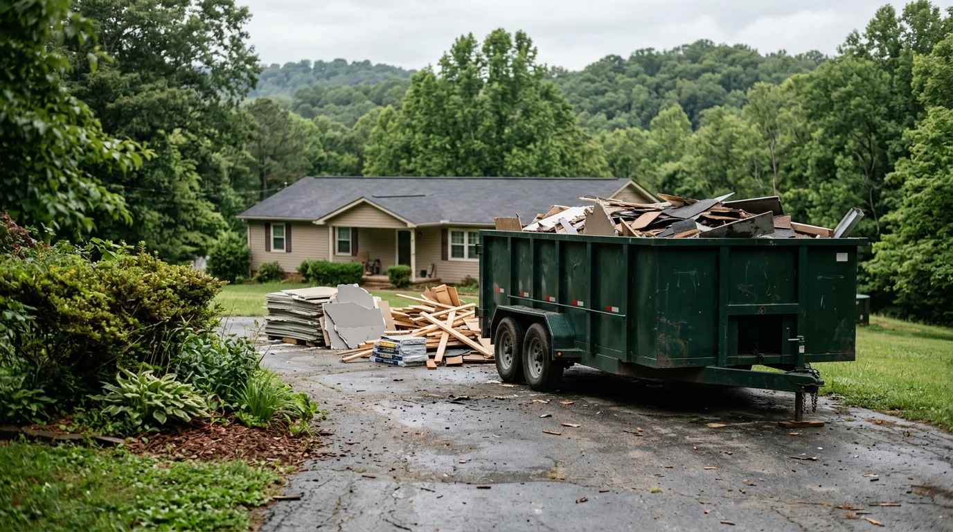 A dumpster trailer parked in a residential driveway in Morganton, NC, loaded with renovation debris and construction waste. The surrounding Burke County foothills are visible in the background.