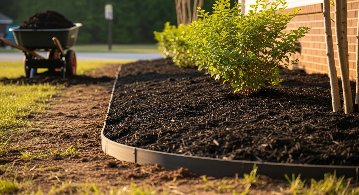 Freshly mulched garden beds along the front of a residential home in Morganton, NC, with clean-edged borders and dark mulch spread evenly around established shrubs and plantings. A Kehl Dents LLC landscaping crew works in the background applying mulch to additional beds.