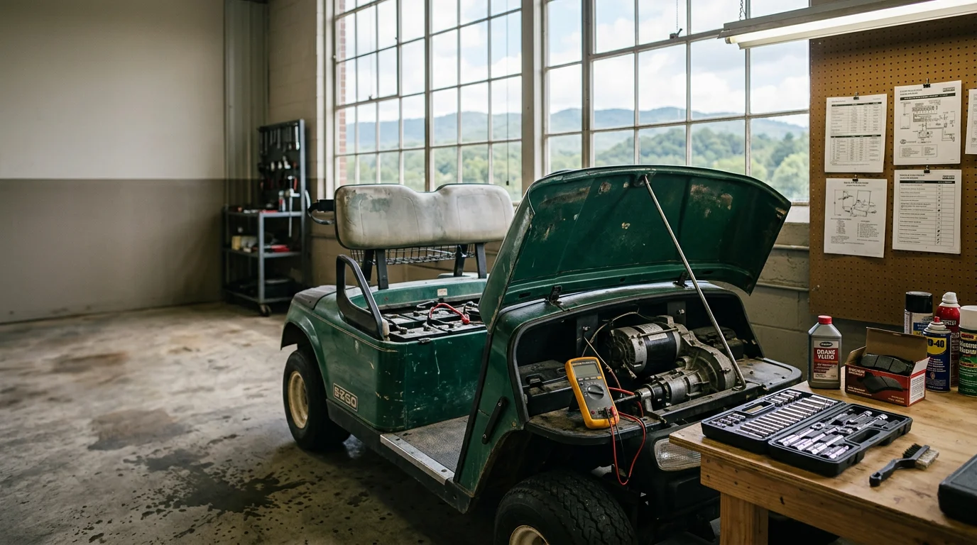 A golf cart undergoing mechanical repair in a local shop serving Morganton, NC. A technician inspects the battery and electrical connections on the cart.