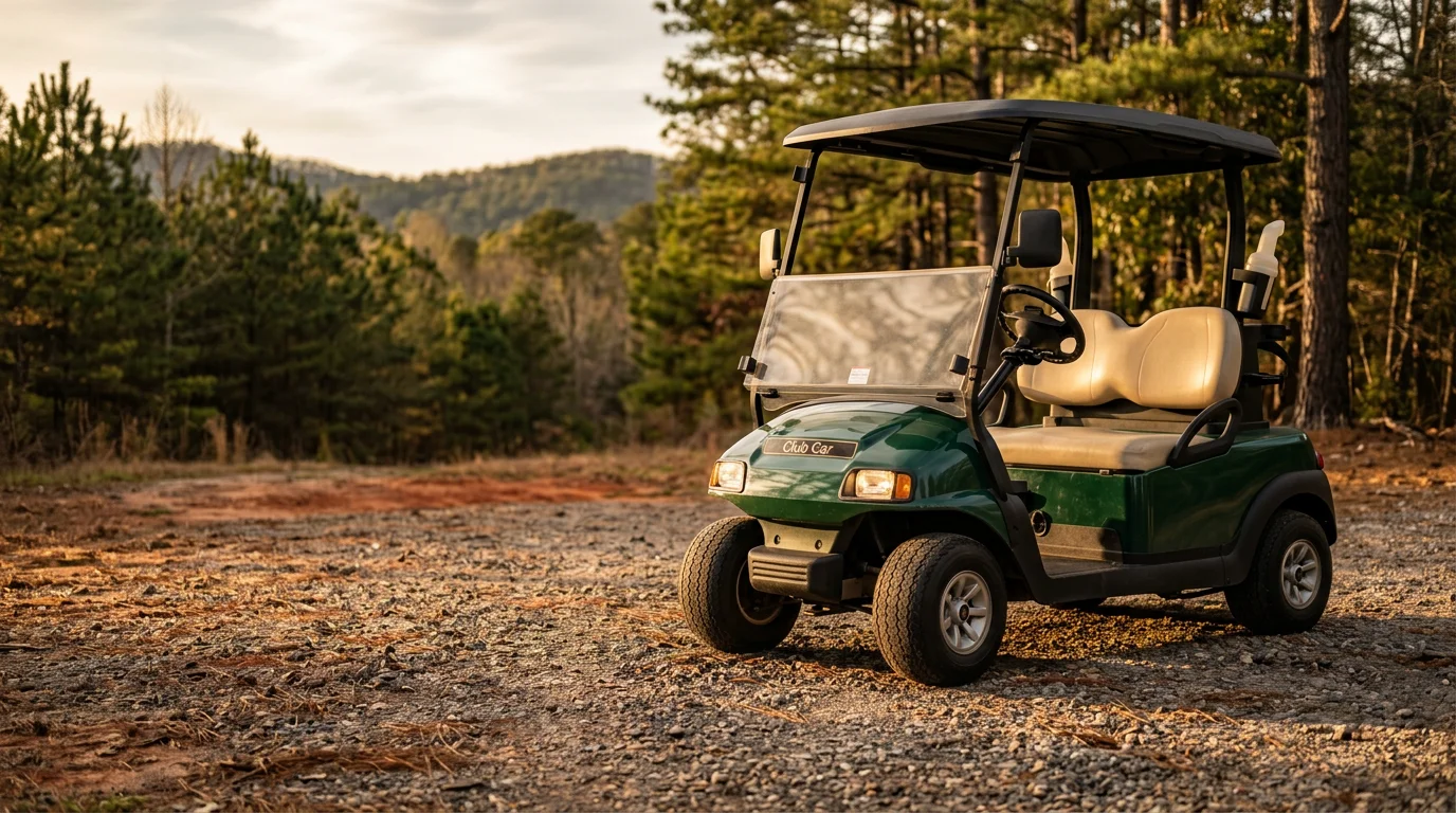 A golf cart parked on a quiet residential street in Morganton, NC, with tree-lined sidewalks visible in the background. The cart is clean and road-ready, reflecting typical neighborhood use in the western North Carolina foothills.