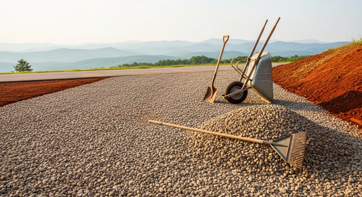 Bulk gravel delivered and spread across a residential driveway on a Burke County property in Morganton, NC. The gravel surface covers red clay soil and extends from the road to a residential structure.