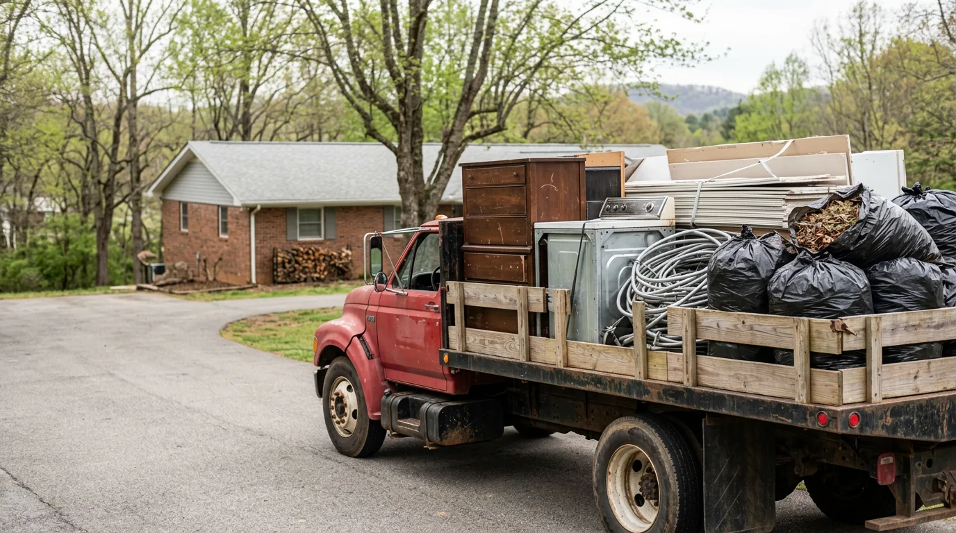 A loaded hauling truck parked outside a residential property in Morganton, NC, with furniture and debris ready for removal. Burke County foothills visible in the background.