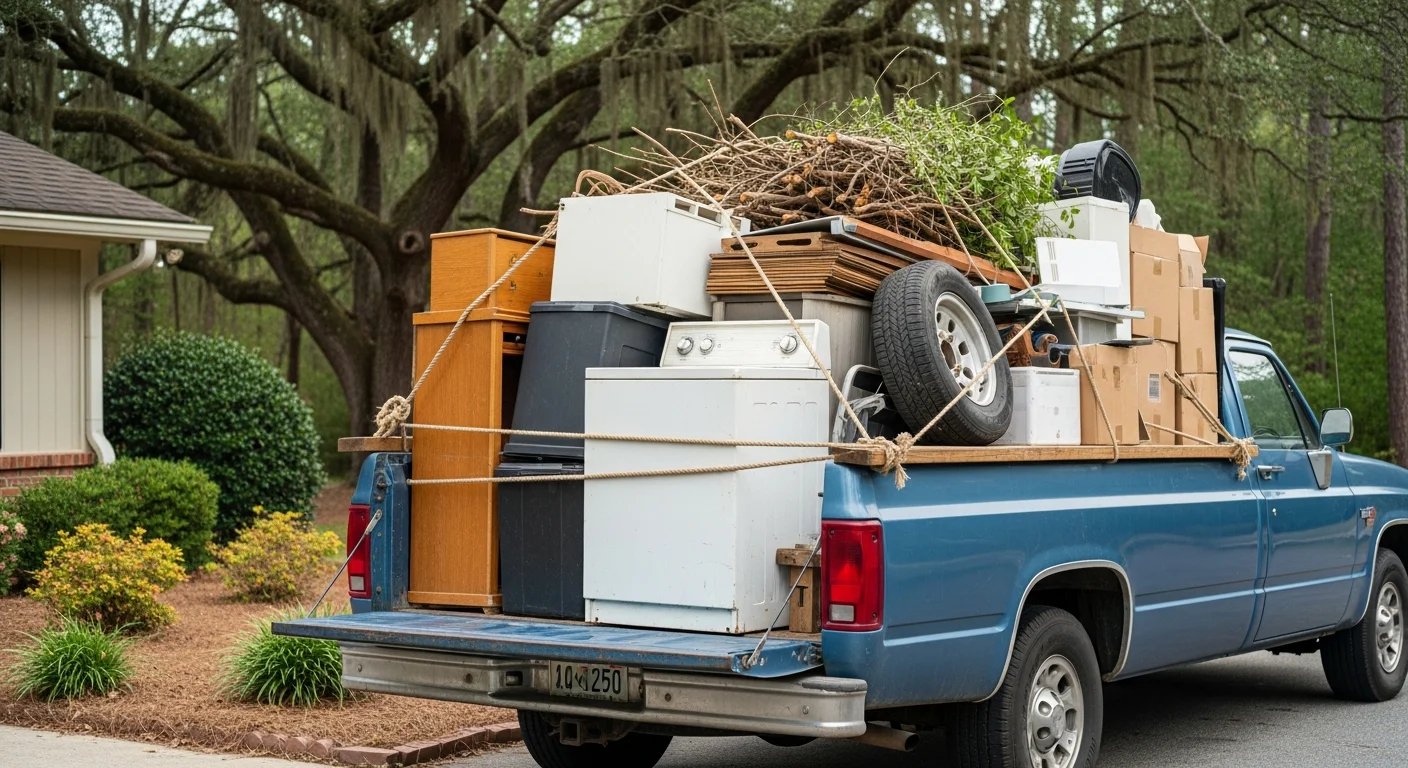 A cleared garage at a ranch-style home in Morganton, NC after junk hauling service removed old furniture, appliances, and boxed clutter. A Kehl Dents LLC truck is parked in the driveway with a loaded haul ready for disposal.