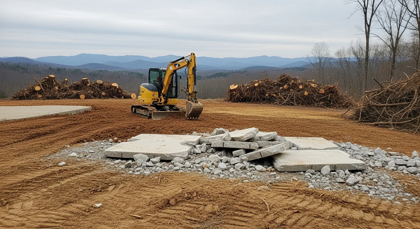 A cleared and graded lot in Morganton, NC with loose soil leveled across a sloped Burke County parcel, ready for foundation work. Heavy equipment tracks are visible across the prepared ground with a wooded treeline in the background.