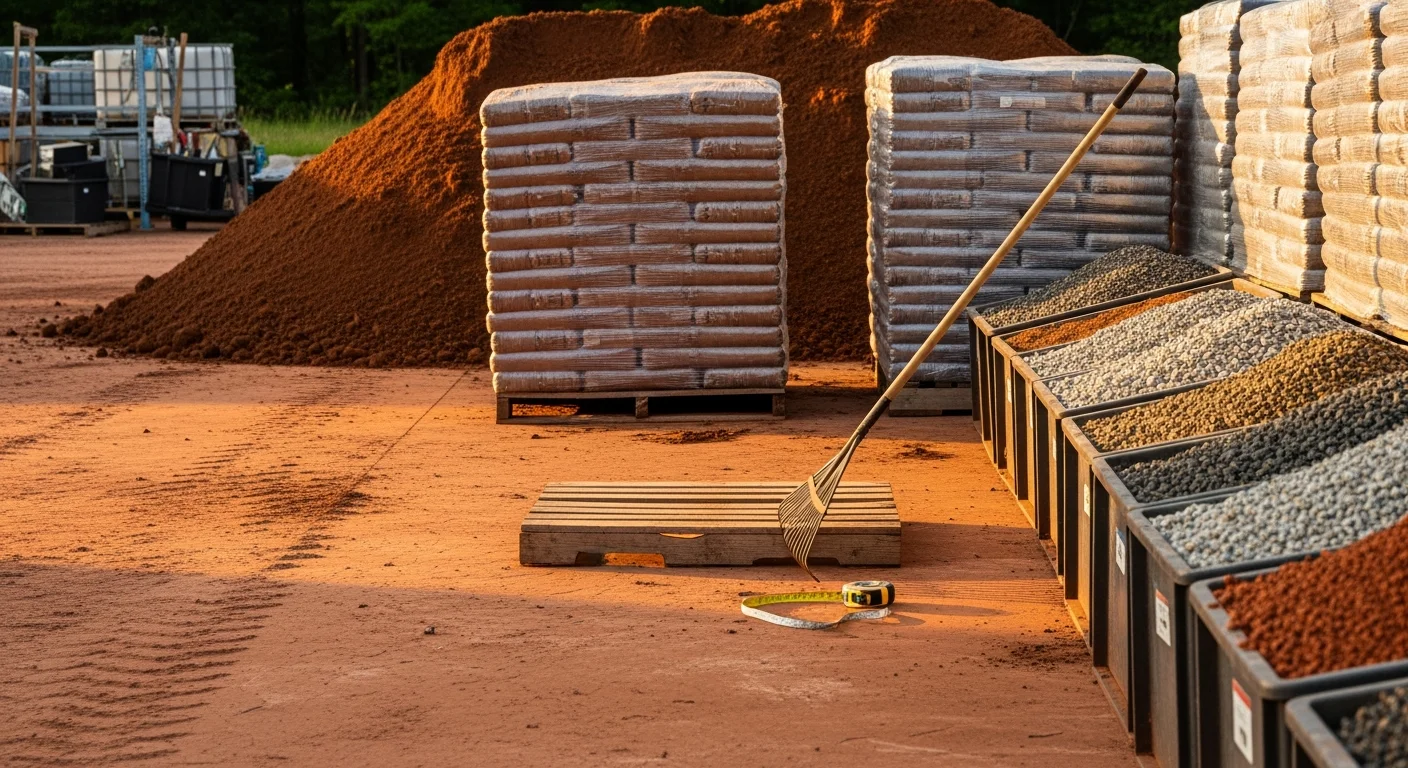 Bulk landscape materials including gravel, topsoil, and mulch staged at a residential property in Morganton, NC. A graded yard with red clay soil visible in the background shows a project in progress in Burke County.