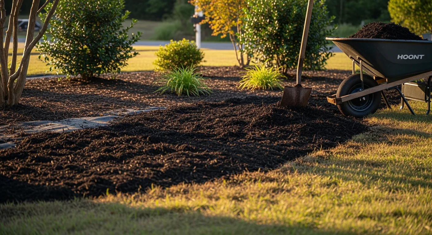 Freshly delivered bulk mulch spread across landscaped flower beds at a residential property in Morganton, NC. Dark mulch covers the soil around shrubs and trees with the NC foothills visible in the background.