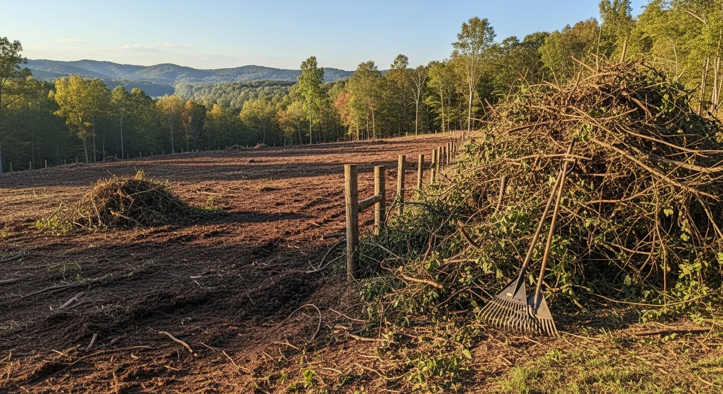 A cleared residential lot in Morganton, NC after overgrown brush, vines, and debris have been removed down to bare ground. Heavy equipment tracks are visible on the sloped terrain, and the property lines are fully exposed with no remaining vegetation piles.