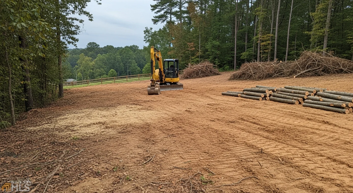 A cleared residential lot in Morganton, NC with brush, overgrowth, and debris removed, showing bare ground ready for construction or development. Heavy equipment from a demolition and clearing crew is visible at the edge of the site against a Burke County foothills backdrop.