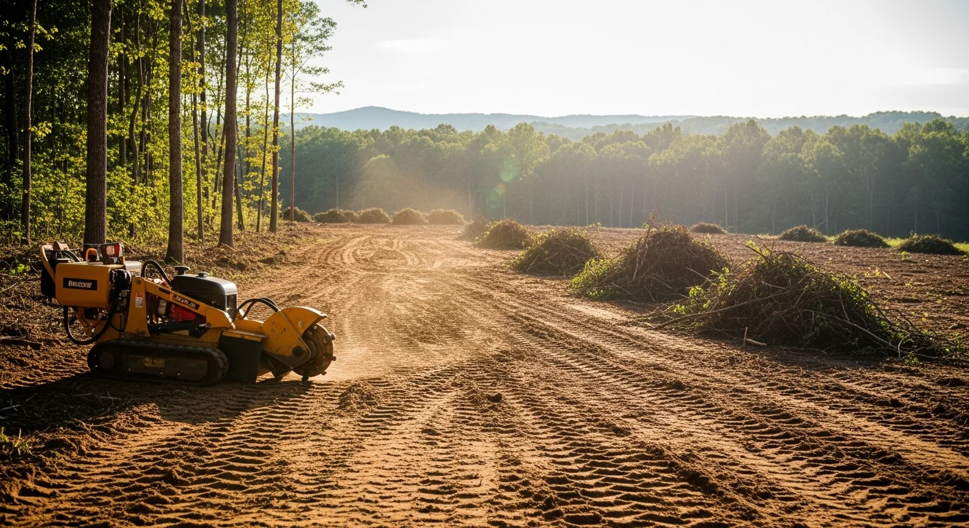 A freshly cleared residential lot in Morganton, NC showing bare soil, removed stumps, and no remaining brush or debris. Heavy equipment tracks are visible on the graded surface with Burke County foothills in the background.