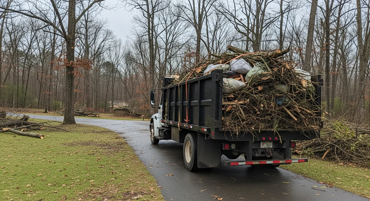 A cleared residential yard in Morganton, NC after storm debris removal, with fallen branches and limbs loaded into a haul truck. The driveway and lawn are fully accessible with no remaining debris.